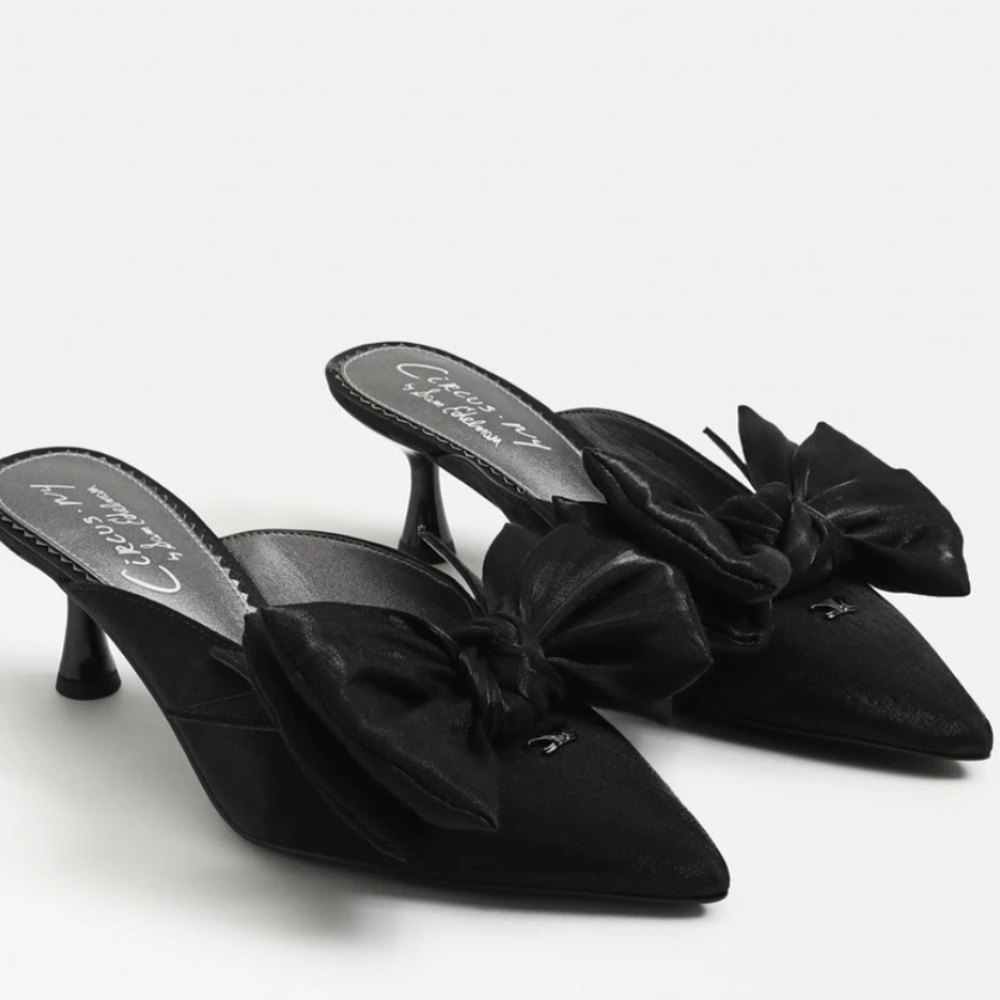 Circus by Sam Edelman Black Satin Pointed Toe Mules with Bow Detail